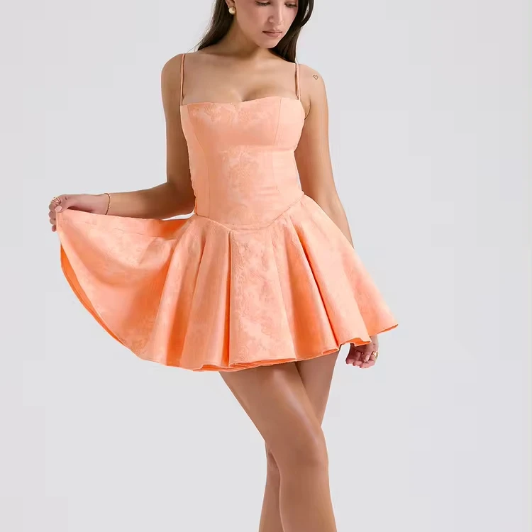 Clothing Manufacturer Custom Latest Fashion Collection Elegant Summer Women Fashion Mini Dresses Peach Jacquar After Party Dress