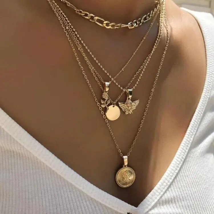 Summer Trendy Gold Jewelry Necklace Niche Design Coin Flower Angel Decor Charm Layered Necklace for Women