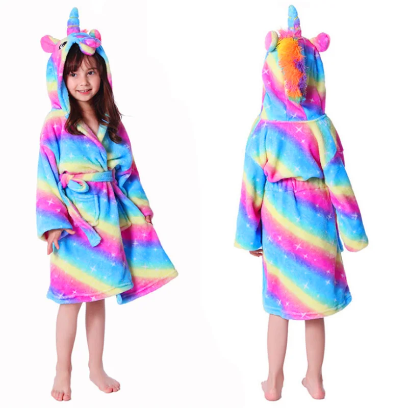 
Hooded Plush Robe Animal Fleece Kids Rainbow Unicorn Sleepwear Bathrobe Pajamas 