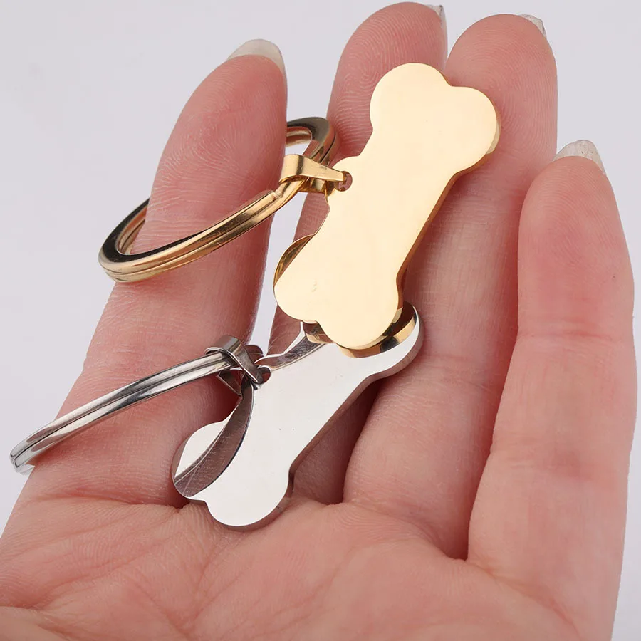 Bone Shaped Blank Metal Tag Keychain Silver Rose Gold Stainless Steel Tag Keychain With Custom Logo Wholesale Bone Dog Keychains
