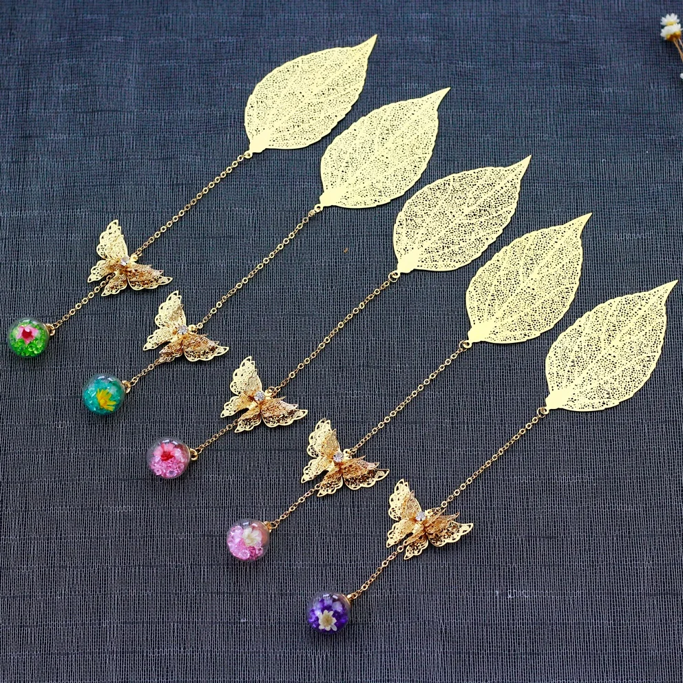 High Quality Brass Feather Bookmark Metal 3D Butterfly Leaf Bookmarks as Graduation Souvenir  In Gift Box