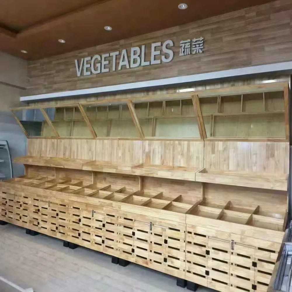 Wood supermarket gondola for vegetable display rack stand for grocery store and fruit shelves
