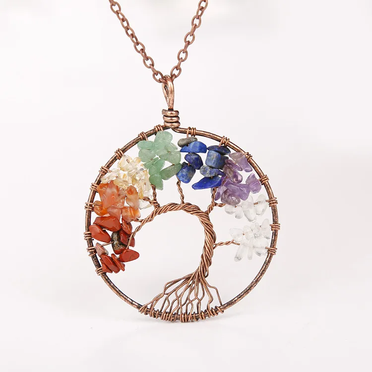 Tree of Life Crystal Pendant Necklace 7 Color Tumble Stone Exquisite Tree of Wisdom Ancient Copper Necklace For Men and Women