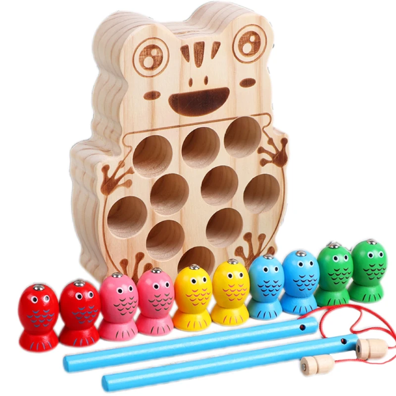 Wholesale Montessori Wooden Magnetic Frog Fishing Game Magnetic Alphabet Ordering Color Magnetic Fishing Game