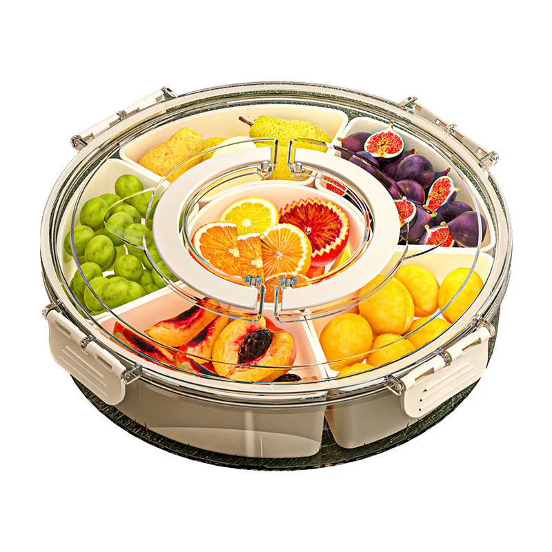 Round Divided Serving Tray With Lid And Handle Portable Snack 6 Compartment Fresh Keeping Food Storage Snack Box Container