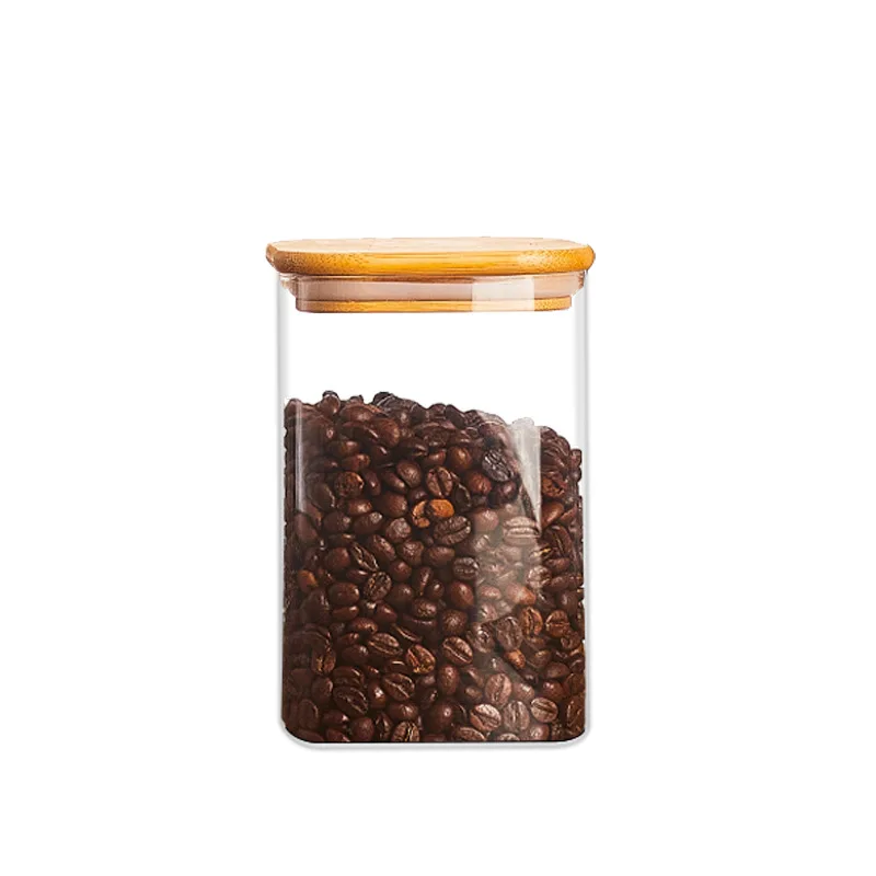 Food/spice/coffee Storage Jar Container Set Bamboo Lids Square High Borosilicate Glass Modern Camping Kitchen Food Glass Bottle