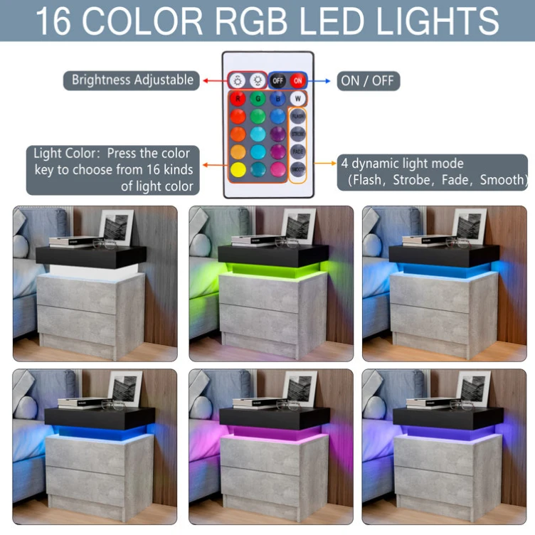 Оптовая Продажа с фабрики деревянная Современная ночная тумбочка RGB светодиодными лампами в сером и черном цвете