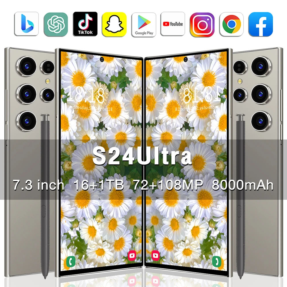 2025 Hot Selling S24 Ultra Unlocked Android 14 Smart Phone 7.3Inch 5G Mobile 4K LED Display 16GB+1TB Memory LTE Cellular English