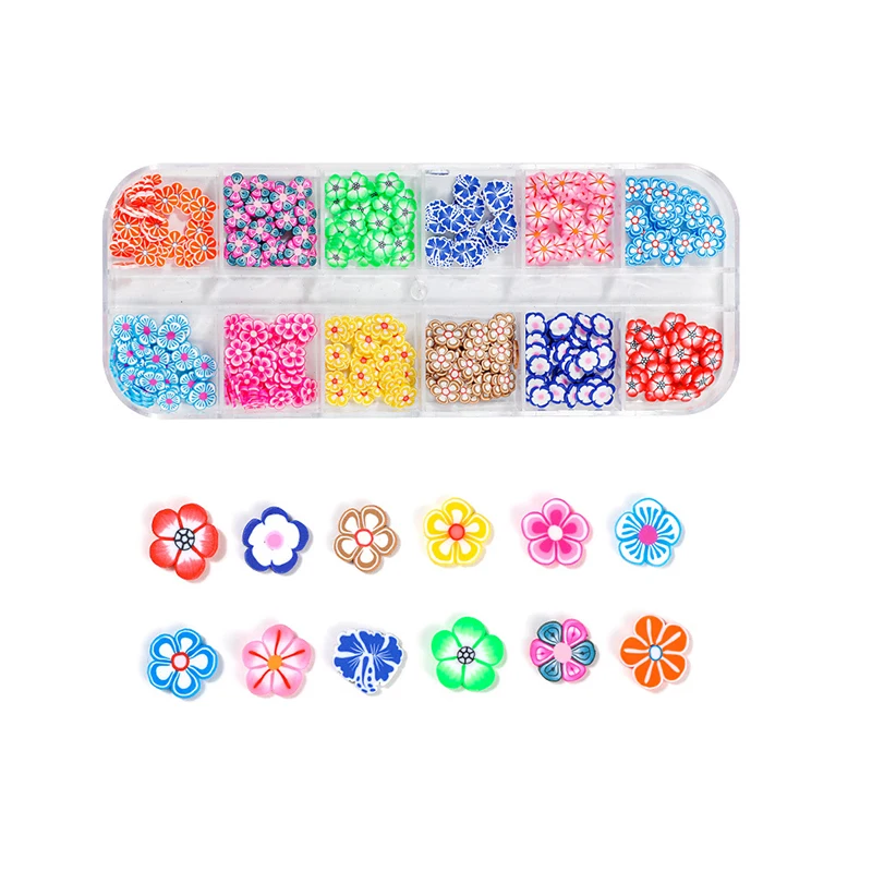 Wholesale 12-Grid Spring Colorful 3D Flower Nail Ornament Polymer Clay Nail Patch Press On Nail Art Decoration