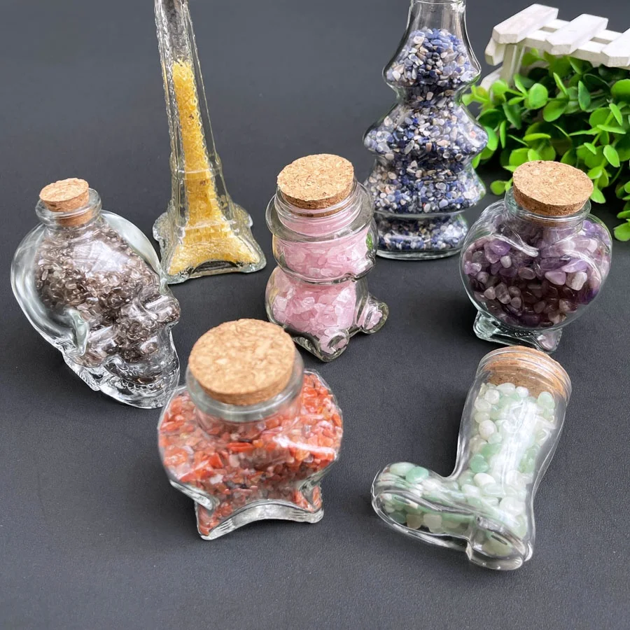 Wholesale Crystal Chips Bottle Quartz Gravel Tumble Stones Skulls Wishing Bottle for Meditation