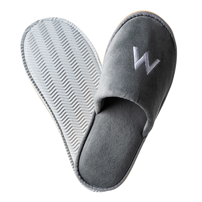 Wholesale Luxury Grey Disposable Slippers Coral Fleece Velour Canvas Cotton Hotel Slippers