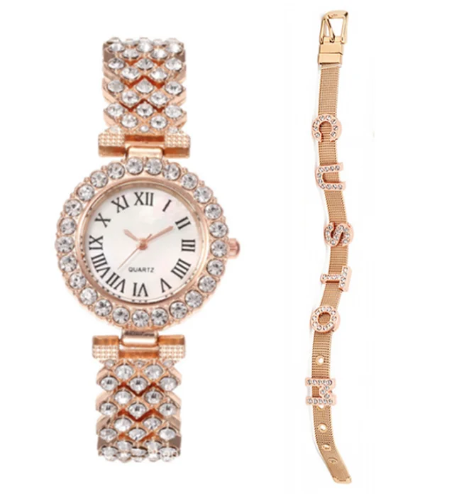 Ladies Quartz Watches Rose Gold Luxury 2pcs Set Glass Women 18K Gold Plated Latest Alloy Round Fashion Jewelry Watches Women