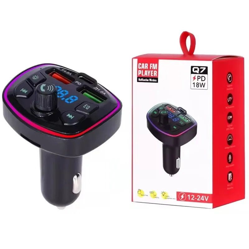 Q7 Wireless Car Charger FM Transmitter Adapter Dual USB PD Charger AUX Hands Free Car Fast Charger Adapter