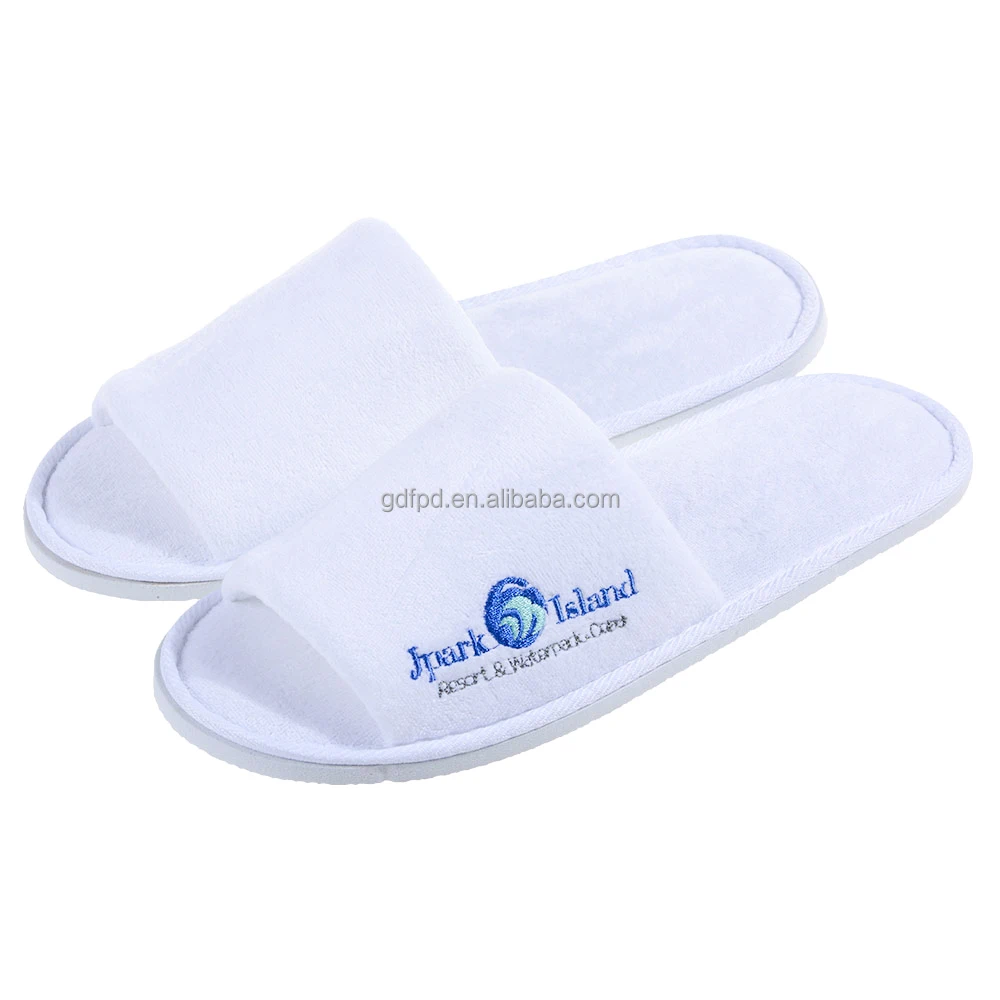 Indoor White Terry Open Toe Disposable Slippers 5mm Eva Sole with Label for Hotel Spa Airline