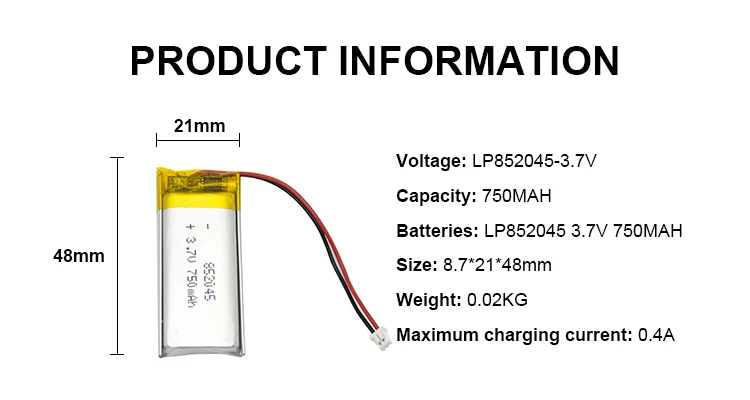 Smart device ultra thin 750mAh lithium lipo battery pack Rechargeable LP852045 750mah Lithium Ion Polymer Battery