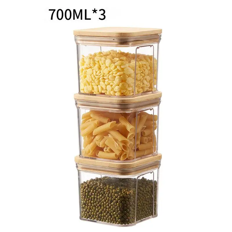 700ml Kitchen Stackable Square Food Storage Jars Bamboo Lid Plastic Square Airtight Food Container With Bamboo Lid
