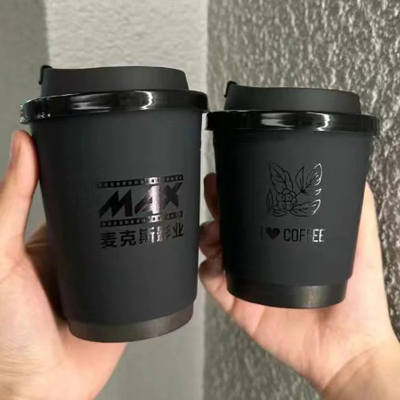 Double-layer Black Velvet Paper Cup Silver Foil Stamping Hot Coffee Drink Biodegradable Paper cups Custom Logo