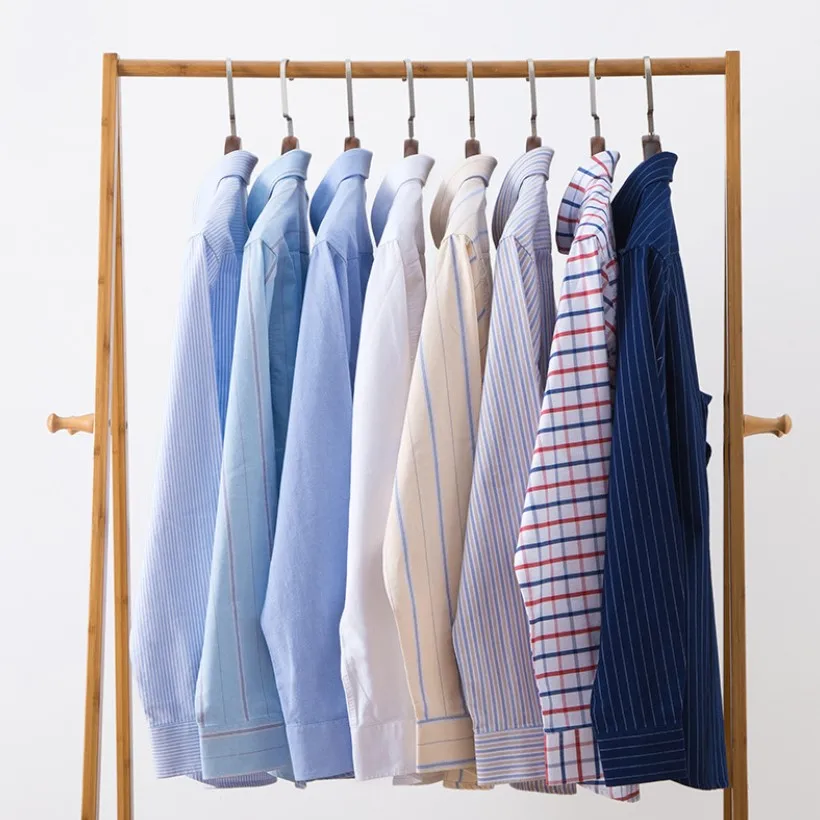 Мужская Повседневная рубашка с воротником на пуговицах, рабочая рубашка из чистого хлопка с длинными рукавами, клетчатый потертый топ из ткани Оксфорд