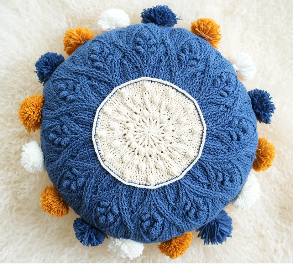 Knitted Throw Pillow Round Couch Pillow Sofa Cute Cushion Handmade Pompoms Decorative Plush Pillow