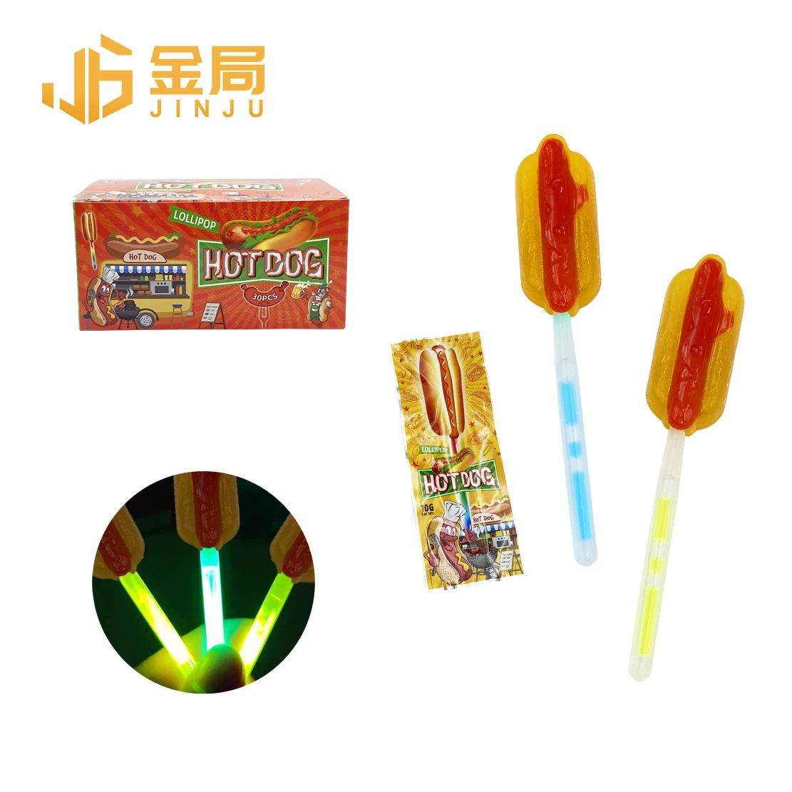 Factory wholesale hot dog fluorescent rod luminous fruit flavored lollipop candy lolly