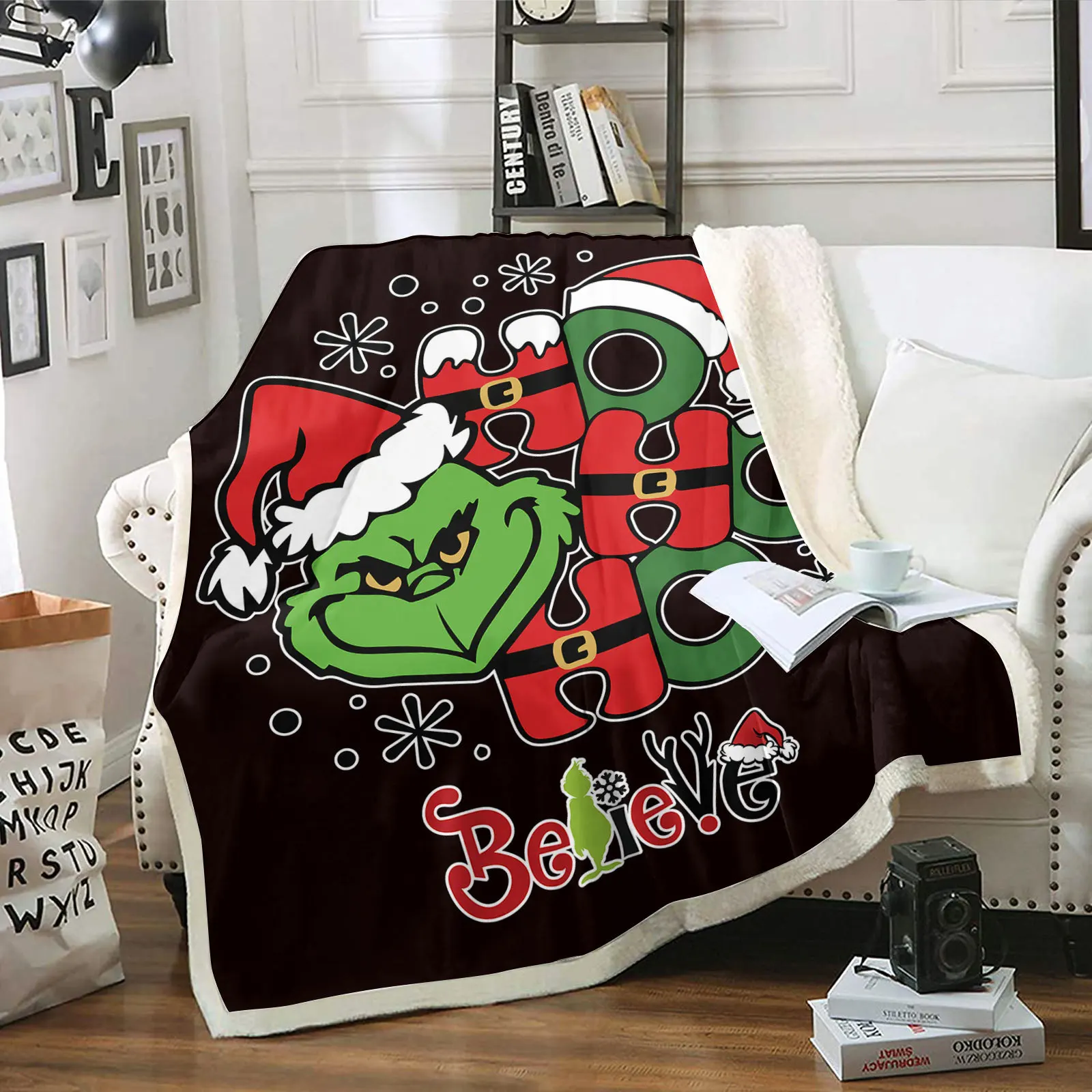 Custom printed soft warm thick baby lamb velvet green fur strange ruffled flannel fleece throw blanket