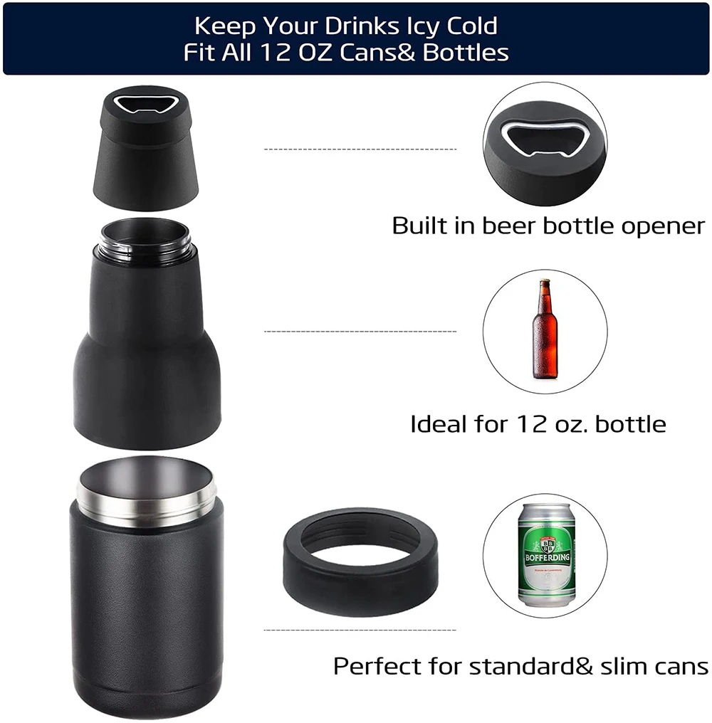 3 in 1 Vacuum Insulated Double Walled Stainless Steel Can Cooler Beer Bottle Cooler with Beer Opener