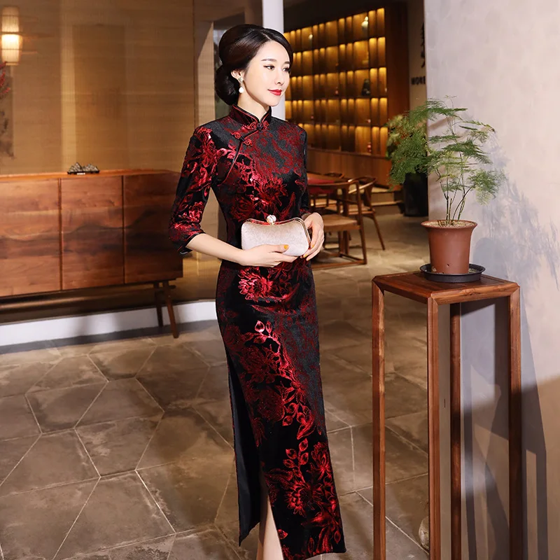 Elegant Chinese Qipao Cheongsam Floral Print 3/4 Sleeve Cheongsam Side Long Split Midi Cheongsam Women Banquet Evening Dresses