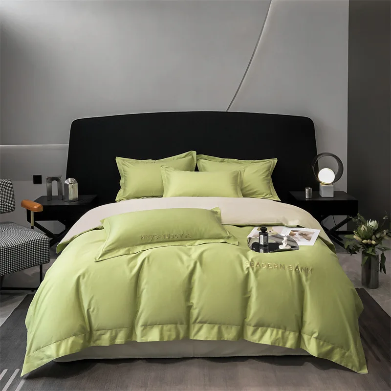 Plain cotton four pieces set exquisite embroidery AB face  matching quilt cover simple Bedding Set for bedroom