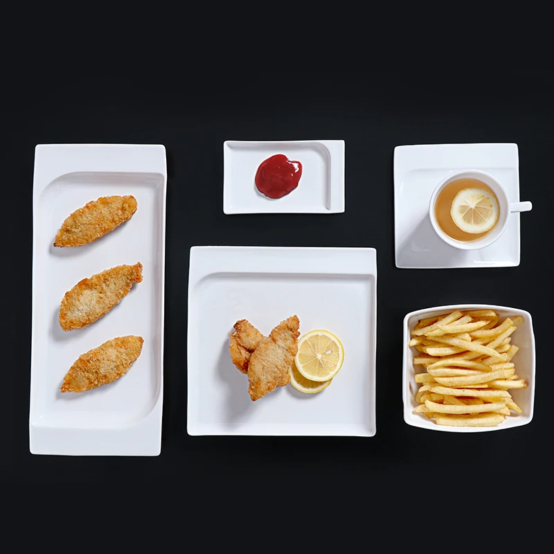 Snacks White Porcelain Dishes Set Airline Dinnerware Sets Ceramic square Dishes Plates Set for Restaurants