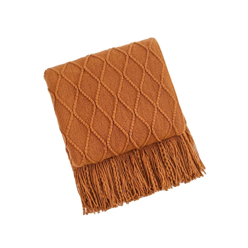 Wholesale Luxury Soft Decorative Throw Knitted Fringe Knit 100% Acrylic Textured Solid Home Throw Blanket