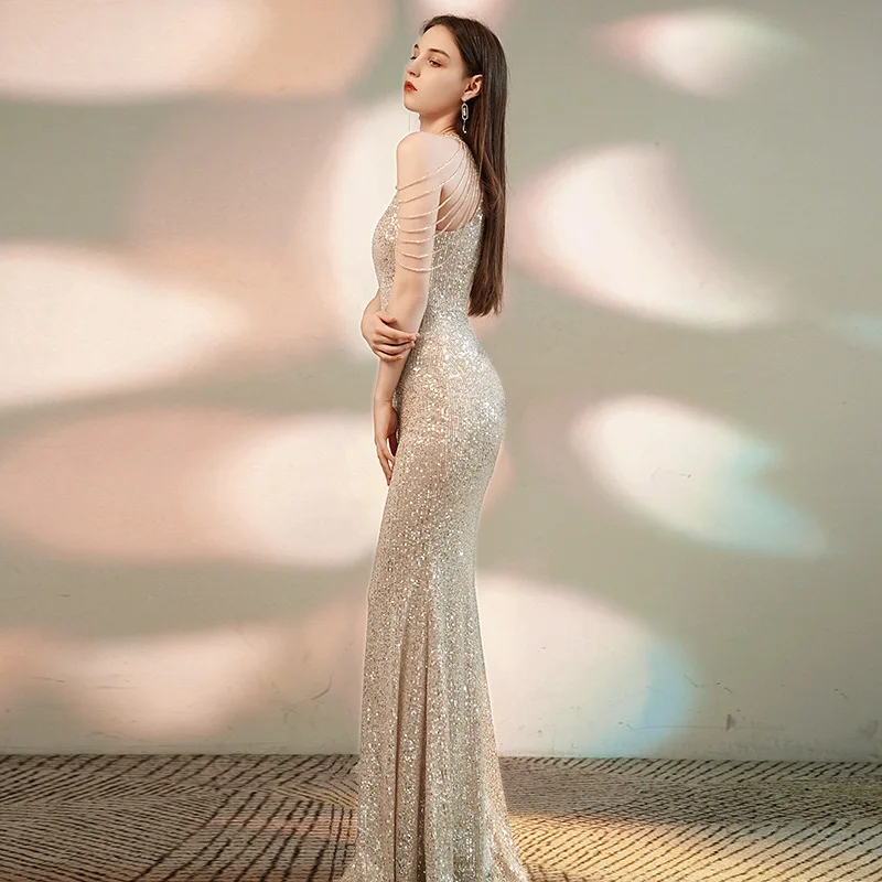 
New woman banquet car model tassel sequins host plus size sexy long slim fishtail wedding evening dress 