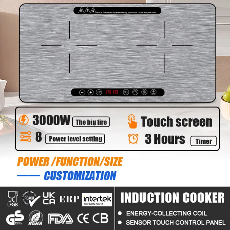 Easy Operation Double Hobs 3000W 8 Power Level Touch Control Induction Hob Built-In Induction Cookers
