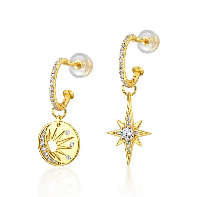 Fashion Charm Sun Star 925 Silver Gold Trendy Hoop Huggie Earrings