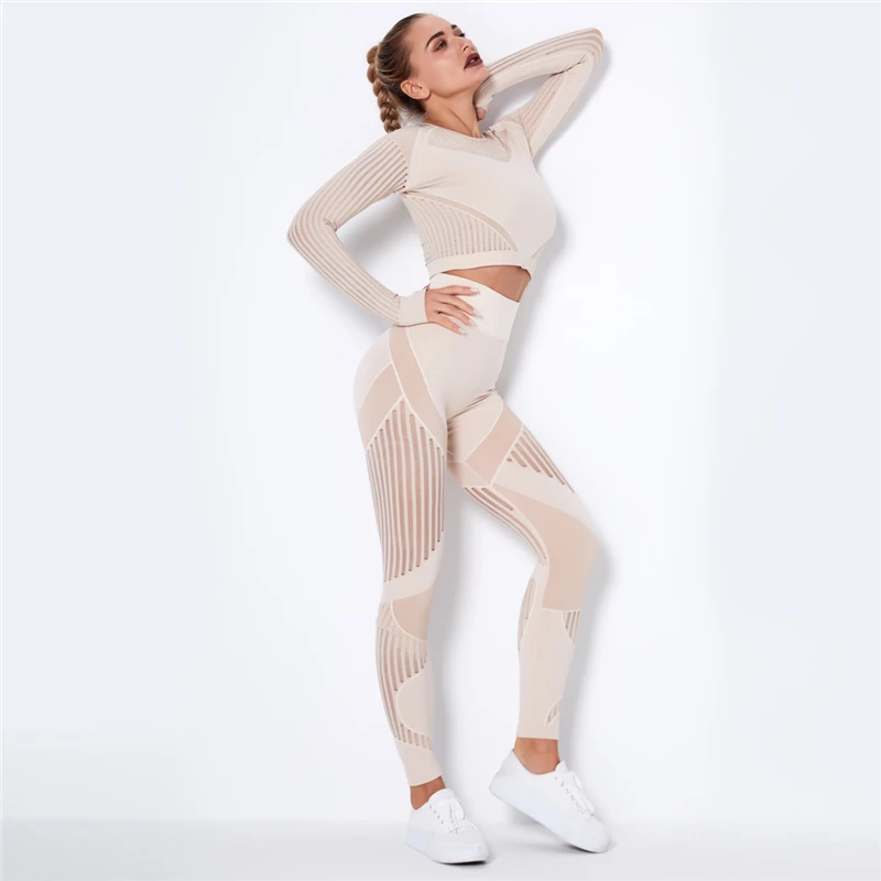 Fashion Mesh With Thumb Hole Sportswear Women Set Elastic Yoga Pants Sets High Quality Yoga Workout Set