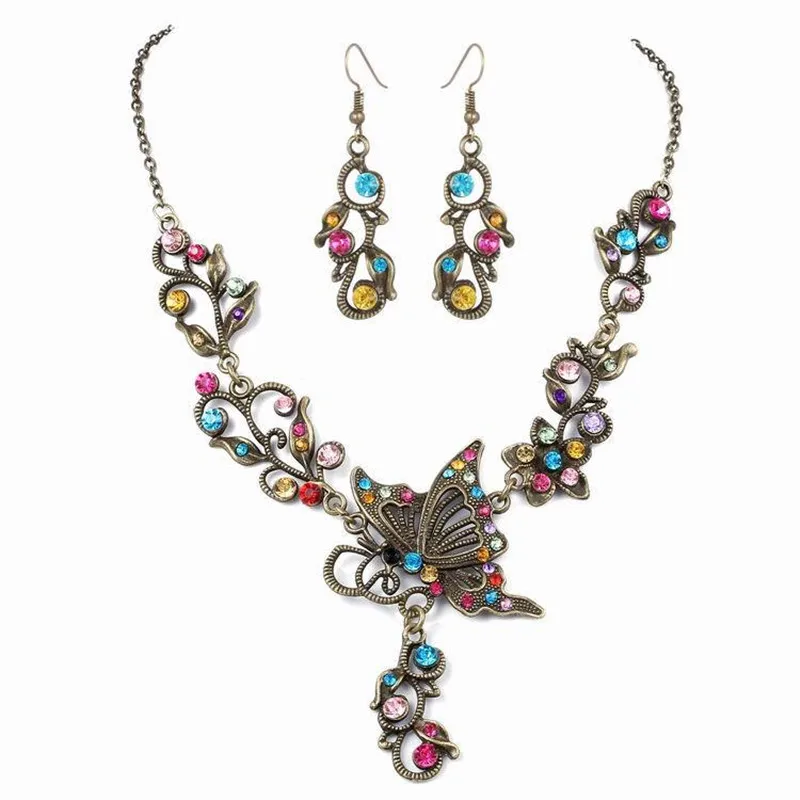 
Retro Jewelry Set Butterfly Crystal Rhinestone Bridal Necklace Earrings Set For Women 