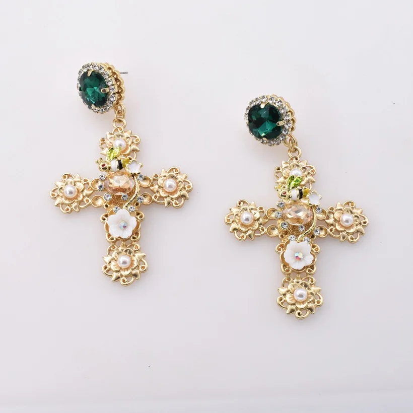Stylish Temperament Elegant Personalized Retro Cross White Porcelain Flower Metal Earrings Jewelry Wholesale