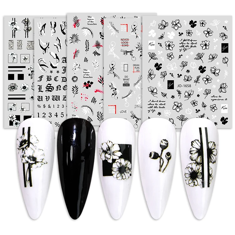 Flowers Leaves Line 3D Nail Stickers Spring Black white Leaves Design Transfer Sliders Abstract Waves Nail Art Decals Manicures (1600467699694)