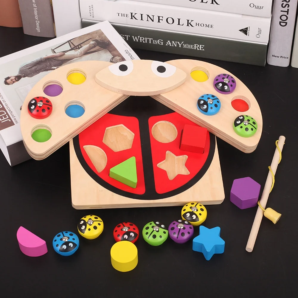 Wooden Fishing Beetle Magnetic Puzzles Geometric Color Matching Games Children Educational Toys For Kids