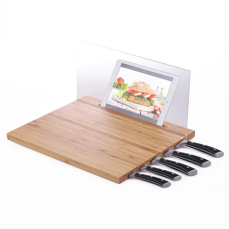 Multifunctional 3 in 1 IPad holder cut board knives holder bamboo wood chopping board with tray