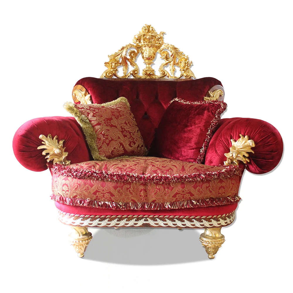 High End Luxury Elegant Louis Style Golden Crown Ornate Ruby Red Single Sofa Armchair for Villa Living Room