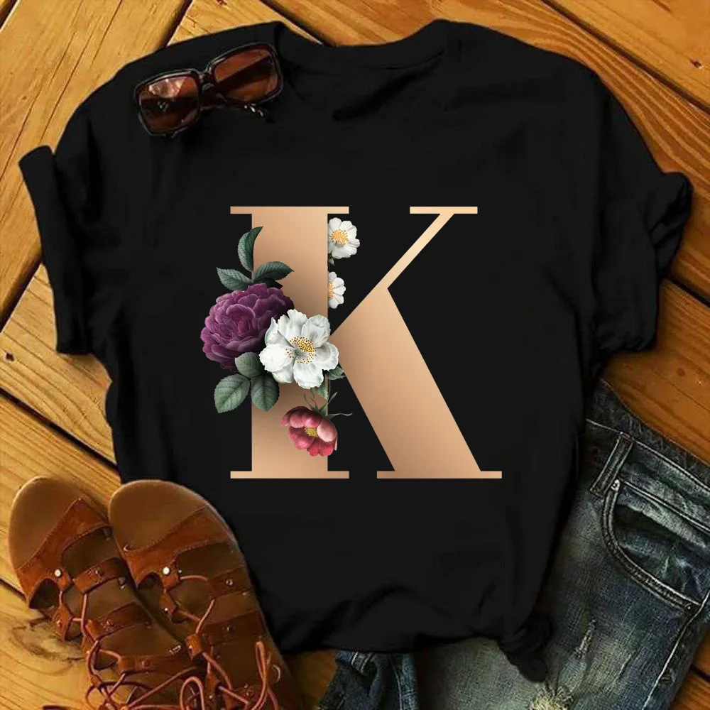 Изготовленный на заказ со словом рисунком именем буквами комбинации модная женская футболка с принтом цветок шрифт A B C D E F G Топы коротким рукавом черная одежда