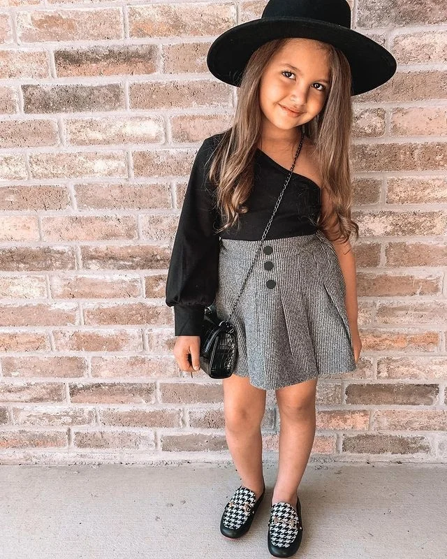 
2PCS Girls Fashion set Transparent long one shoulder black T shirt grey plaid button skirt dress outfit sweet girls Summer set 