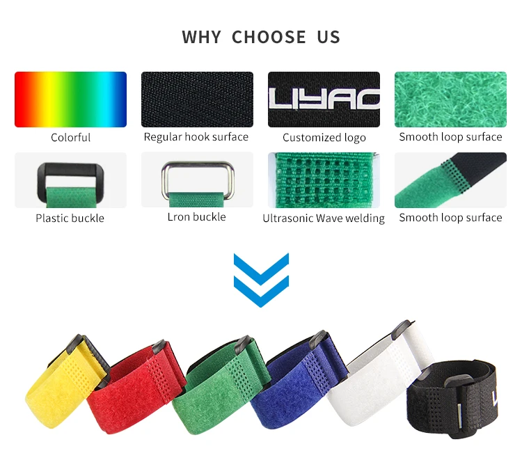 20*300mm Customized Storage Strap Eco-friendly Velcroes Strap Colored Self Adhesive Hook and Loop with Plastic Buckle Black Free