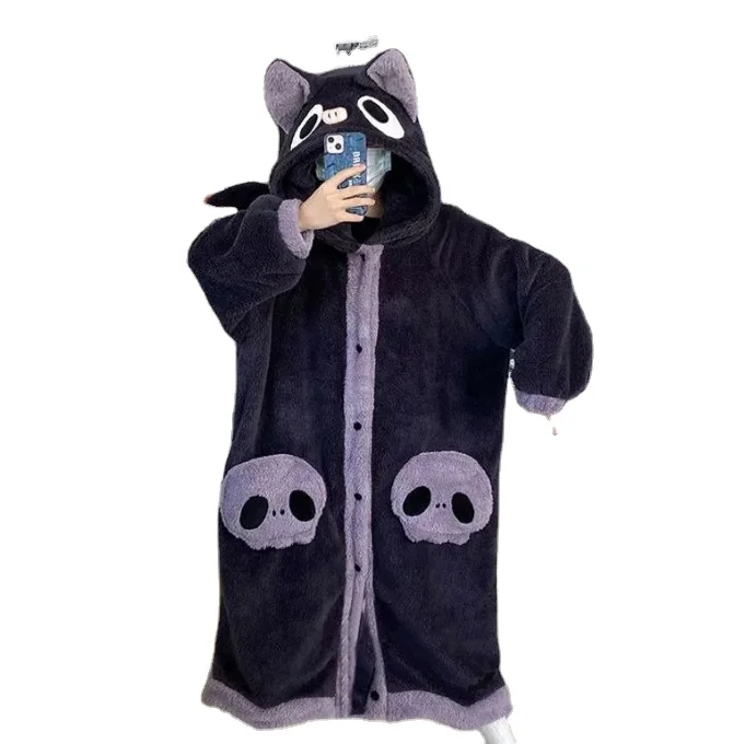 Cute cartoon bat coral velvet pajama women winter new thick plush nightgown Animal onesies