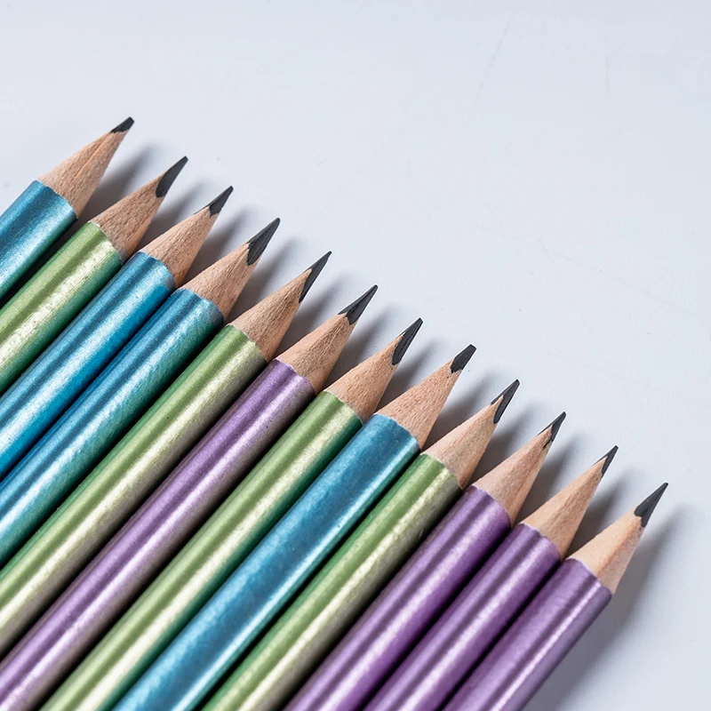 metallic color painting triangle 2 HB pencil with eraser and sharpener graphite pencil 12 pcs in  paper box packing