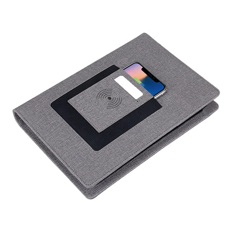 China Factory 8000mah Wireless Charging Planner Power Bank Notebook with Phone Pocket and Usb