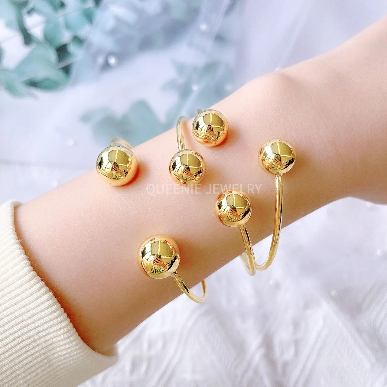 Fashion 18K Double Ball Gold Plated Open Cuff Bangle Fashion Jewelry Bracelets Bangles For Girl