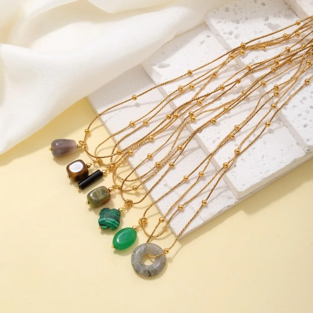 Gemstone pendant stainless steel necklace design fashion natural healing crystal gem stone pendant necklace jewelry for women