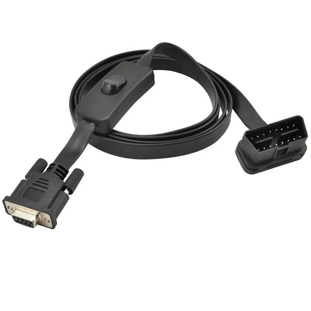 16pin Male to DB9pin RS232 Female Port OBD2 Flat Cable Adapter  Power Switch  cable