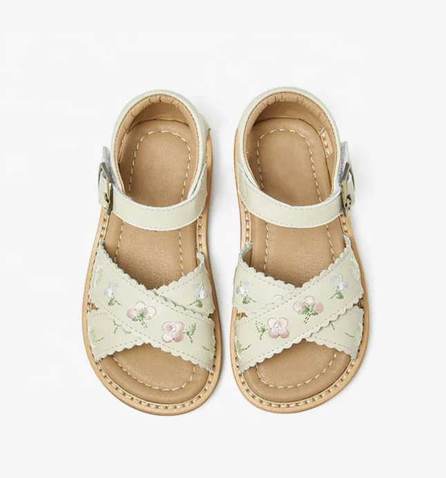 2023 Kids Children Leather Embroidery Flowers Crossed Strap Little Girls Princess Flat Sandals